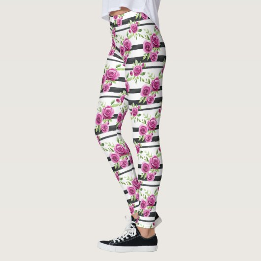 Leggings Fleurs roses rayures noires (Gauche)