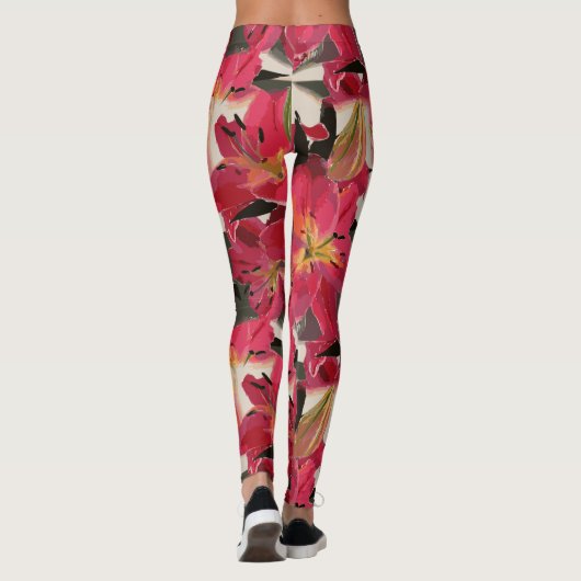 Leggings Fleurs roses rouges Feuilles verts Arrière - plan  (Dos)
