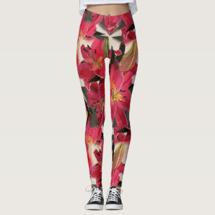 Leggings Fleurs roses rouges Feuilles verts Arrière - plan