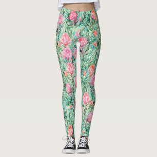 Leggings Fleurs roses, vert sauge, sans soudure.