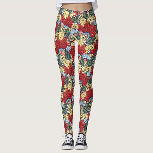 Leggings Fleurs Rouge Jaune Bleu Vert Et Fleurs (Devant)