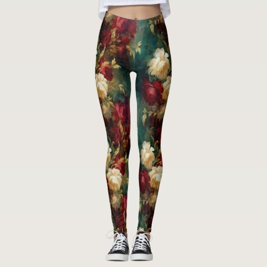 Leggings Fleurs rouges blanches vertes (Devant)