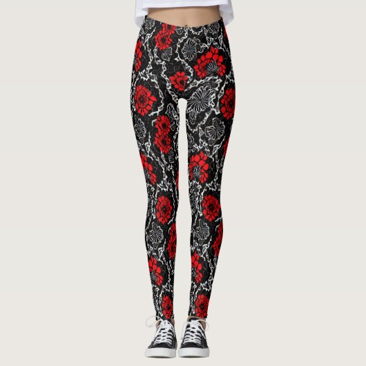 Leggings Fleurs rouges et dentelle noire Motif sans couture (Devant)