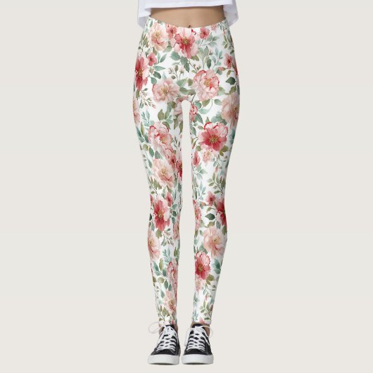 Leggings Fleurs rouges roses (Devant)