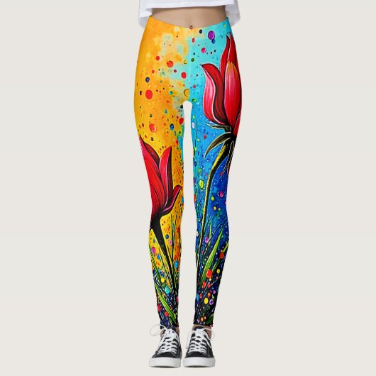 Leggings Fleurs rouges vibrantes - Impression Pop Art (Devant)