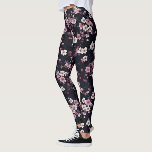 Leggings Fleurs Sakura Roses Noires, Design Motif, (Gauche)