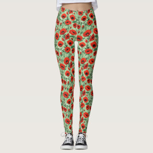 Leggings Fleurs sans couture avec des coquelicots rouges et