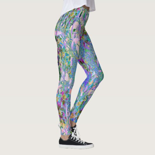 Leggings Fleurs sauvages rétro violet, vert et bleu sur ros (Droite)