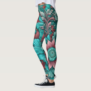 Leggings Fleurs surréalistes, bleu cyan rouge et rose