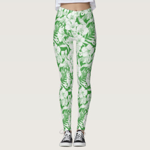 Leggings Fleurs tropicales et colibri en vert et décalé