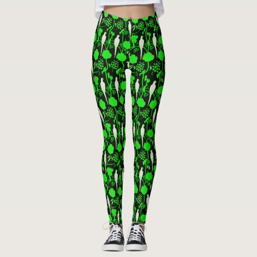 LEGGINGS FLEURS VERTES ART DÉCO, PAROIS BLANCS SUR NOIR (Devant)