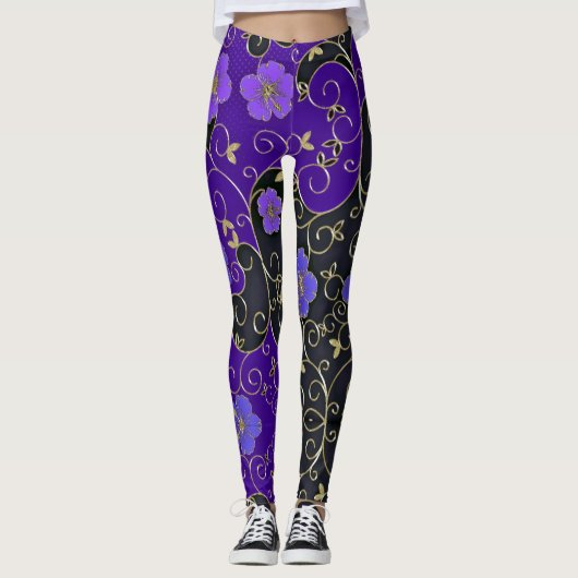 Leggings Fleurs Violettes Élégantes Avec Feuilles D'Or Et F (Devant)
