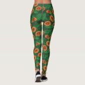 Leggings Fleurs Zinnia orange, feuilles verts sur vert fonc (Dos)