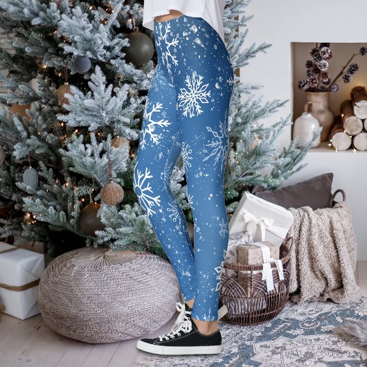 Leggings Flocons de Neige Bleus Classique Hiver Blanc