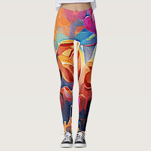 Leggings Floral Abstract Art Orange Red Blue Flowers (Devant)