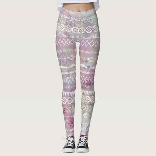 Leggings Floral Abstrait Aztec Tribal violet Motif rose (Devant)