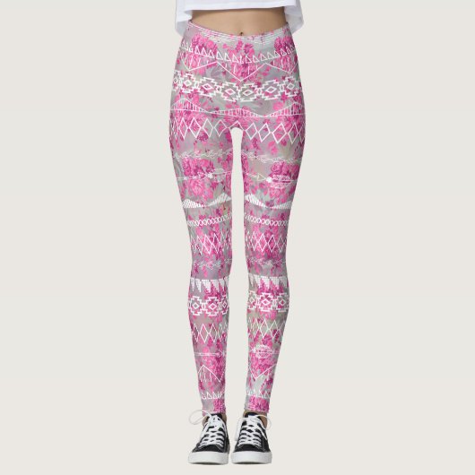 Leggings Floral Abstrait Aztec Tribal violet Motif rose (Devant)