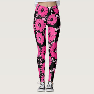 Leggings Floral Abstrait Rose Chaud Vibrant Sur Noir