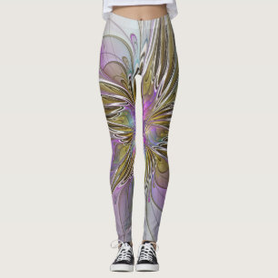 Leggings Floral Coloré Abstrait Fractal Avec Rose & Or