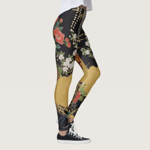 Leggings Floral d'or et de noir oriental japonais Kimono
