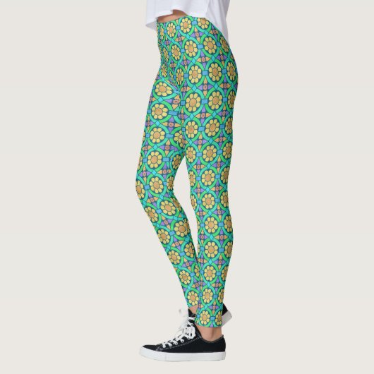 Leggings Floral Fleur Motif géométrique mignon jaune vert (Gauche)