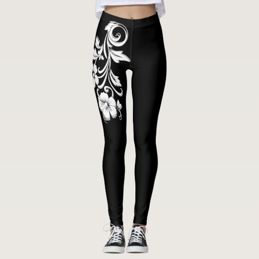 Leggings Floral Flugubre élégant Moderne Noir et blanc (Devant)