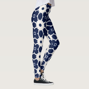 Leggings Floral géométrique bleu et blanc de la Marine