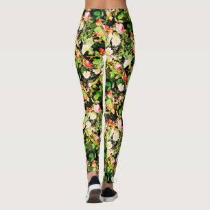 Leggings Floral Imprimer Rose rose et blanc Fleurs sur noir