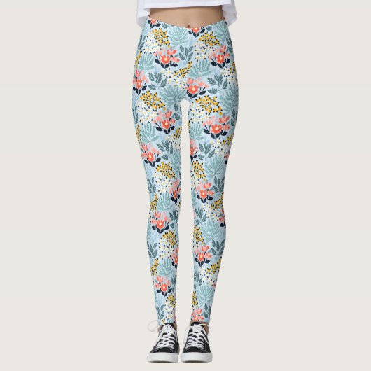 Leggings Floral moderne sur bleu (Devant)