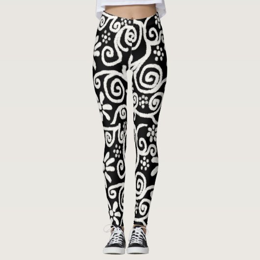 Leggings Floral noir blanc & Fleurs Motif de fleurs (Devant)