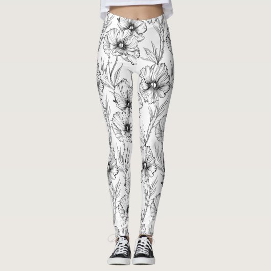 Leggings Floral noir et blanc moderne (Devant)