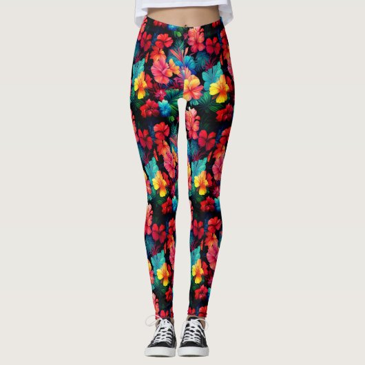 Leggings Floral Orange Tropical Flowers Feuille-66771 (Devant)