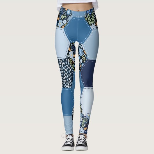 Leggings Floral, patchwork de denim : motif bleu. (Devant)