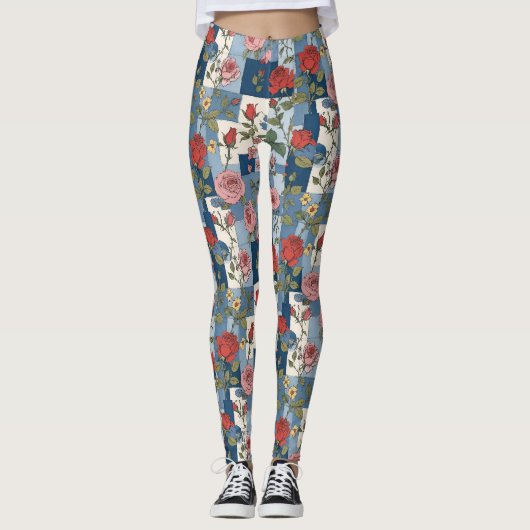 Leggings Floral rose bleu Jean Denim Patchwork Retro (Devant)