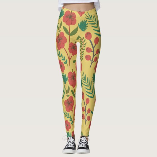 Leggings Floral sans couture motif rouge jaune vert fleurs (Devant)