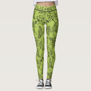 Leggings Floral sans couture motif vert bg nom personnalisé