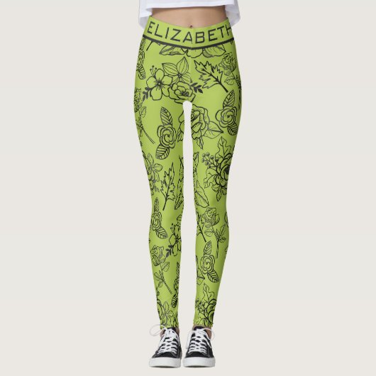Leggings Floral sans couture motif vert bg nom personnalisé (Devant)
