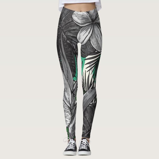 Leggings Floral Tropical Hawaiian Arrière - plan Vert et bl (Devant)
