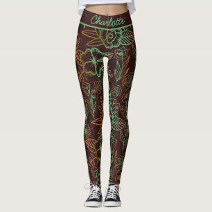 Leggings Floral vert motif sans soudure nom personnalisé