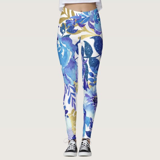 Leggings floraux bleus et or (Devant)