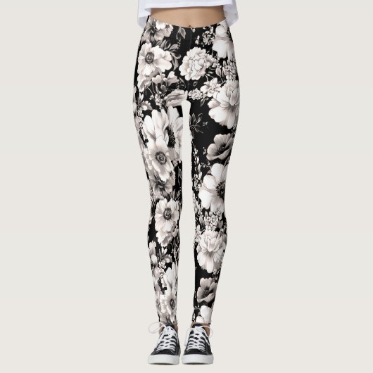 Leggings floraux noirs et blancs (Devant)