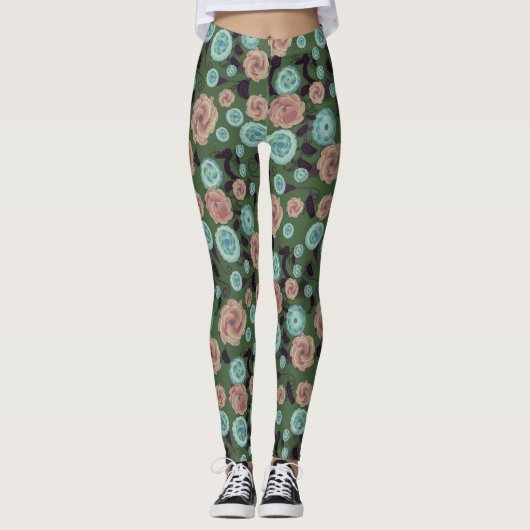 Leggings floraux sarcelle et rose (Devant)