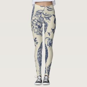 Leggings Flore d'impression florale de fleurs bleues antiqu
