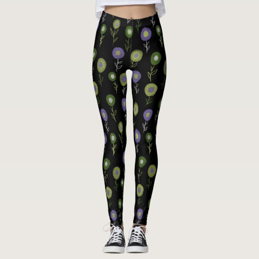 Leggings Flore foncée - Fleurs rondes violettes vertes (Devant)
