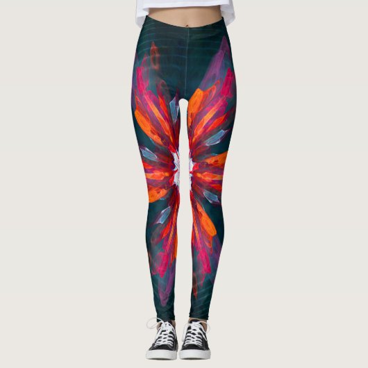 Leggings Flore Mandala Flowers Orange Red Blue Abstract (Devant)