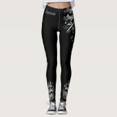 Leggings Flore noire et blanche dessinée à la main (Devant)