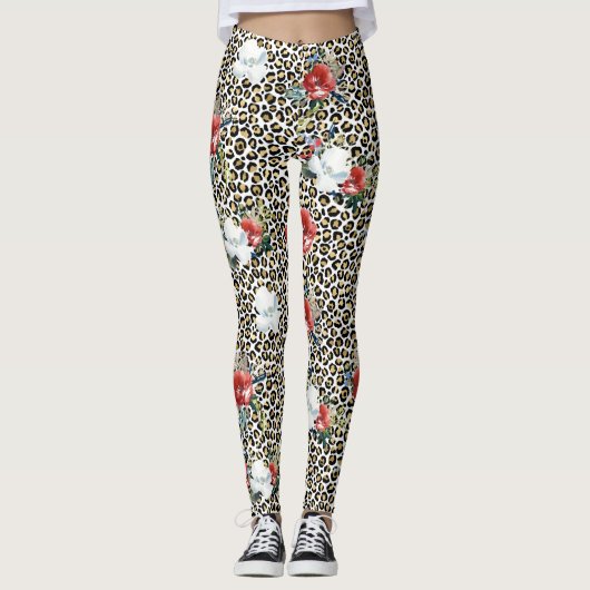 Leggings Flore rouge blanc Empreinte de léopard d'or (Devant)