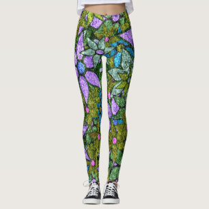 Leggings Flore verte à la menthe violette