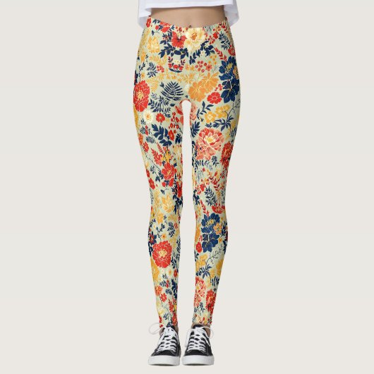 Leggings Flore vive rouge, jaune et bleu sur blanc (Devant)