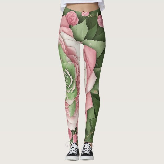 Leggings Floreado de Hojas Verdes y Flores Rosas (Devant)